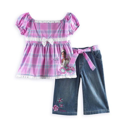 Disney Toddler Girl's Princess and The Frog Plaid Top & Denim Bottom Pant Set
