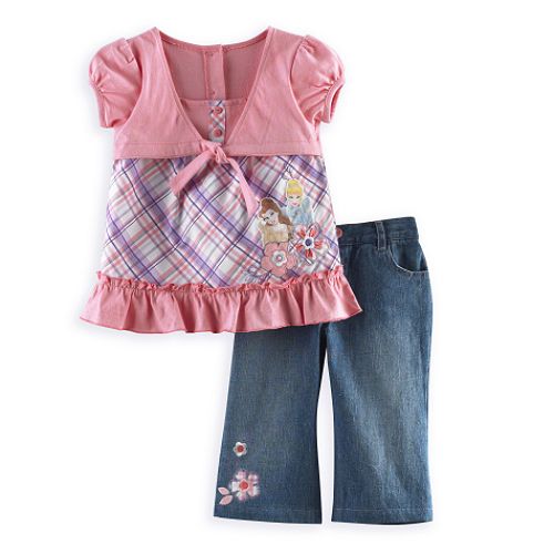 Disney Toddler Girl's Princess 2-Piece Plaid Layered Look Top and Denim Capri Set