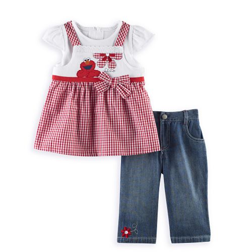 Sesame Street Toddler Girl's Elmo 2-Piece Plaid Tunic with Denim Capri