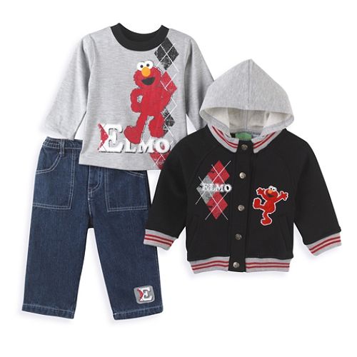 Sesame Street Infant Boy's Elmo 3-Piece Hooded Jacket, Denim Pant Set