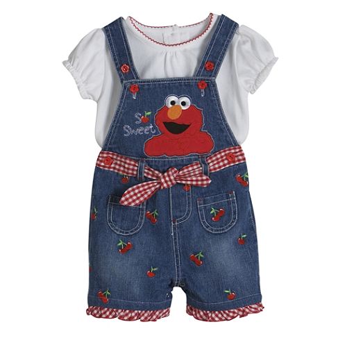 Sesame Street Infant Girl's Elmo Gingham & Denim Shortall