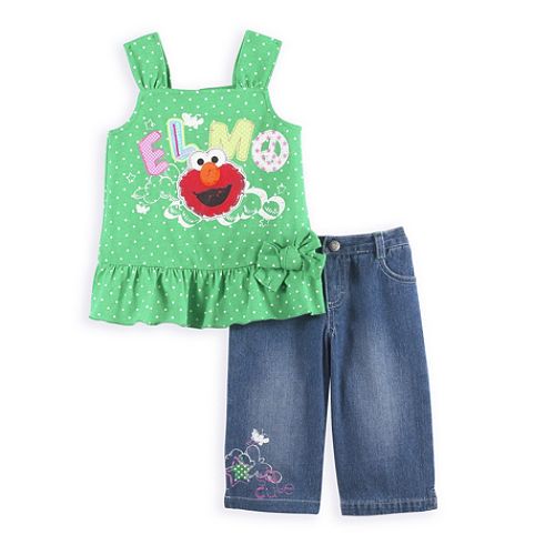 Sesame Street Toddler Girl's Elmo Green Polka Dot Capri Set