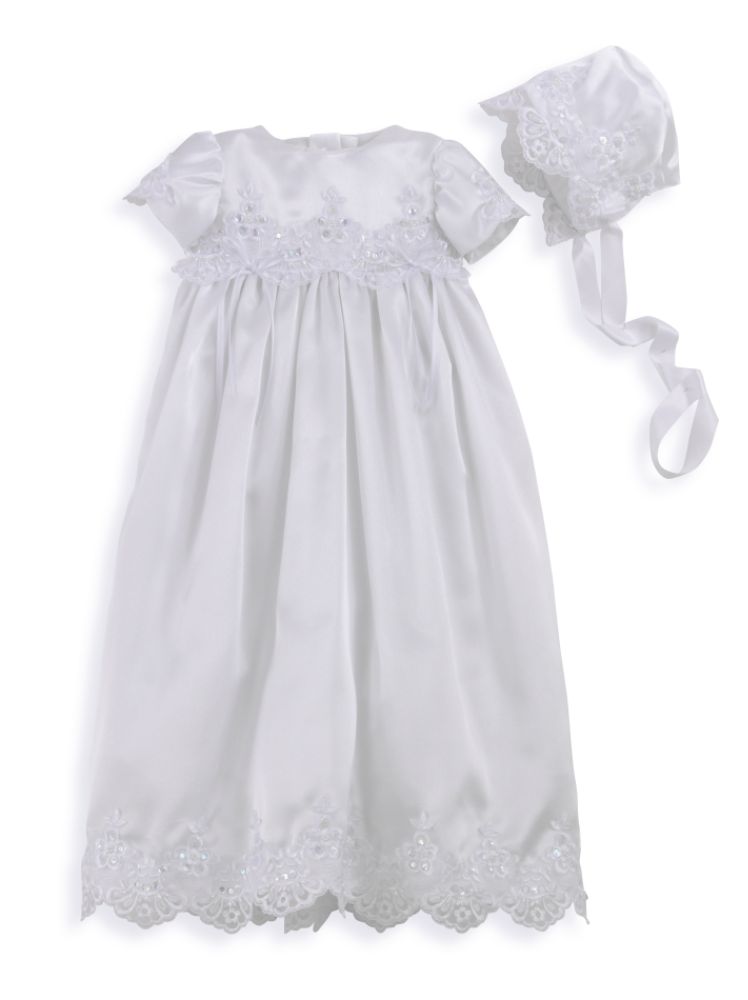 MaDonna Long Satin Dress Embroidered with Pearl-Sequin Trim and Cap