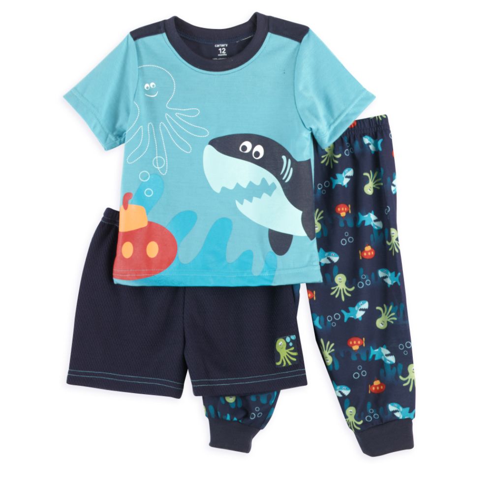 Carter's Infant Boy Short Sleeve 3-Piece Pajamas with Long & Short Pants, Shark Print