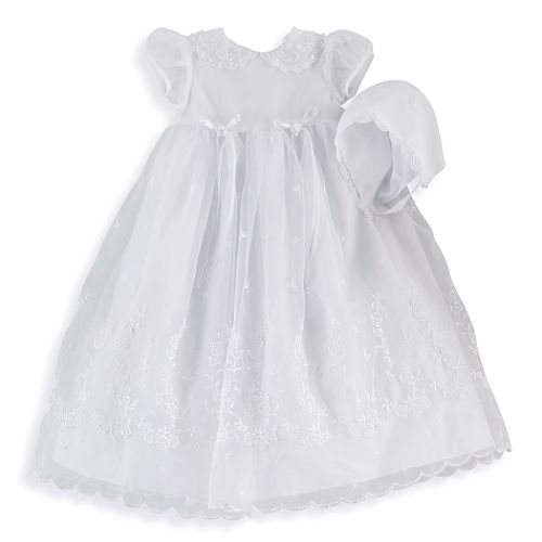 MaDonna Christening Long Embroidered Dress, Beaded Collar, with Cap