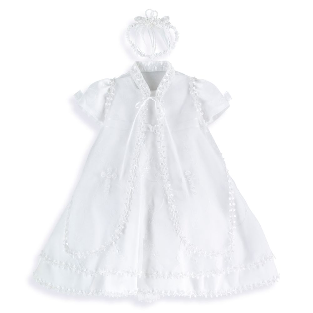 Christening Short Dress, Tiered Hem, Sheer Vest with Headband