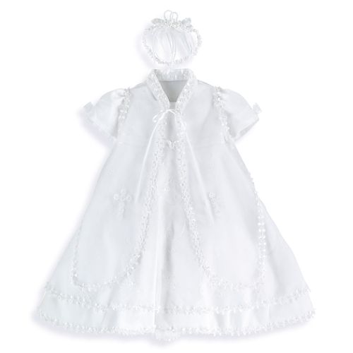 MaDonna Christening Short Dress, Tiered Hem, Sheer Vest with Headband