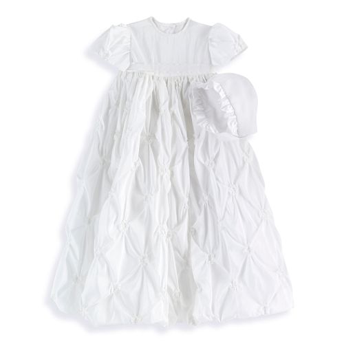 MaDonna Christening Long Dress with All-Over Gathering, with Cap