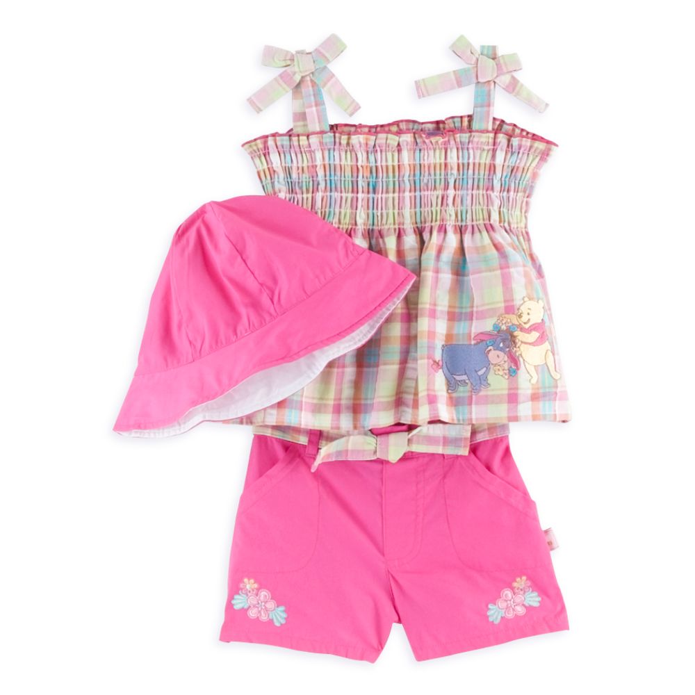 Disney Toddler Girl's Sleeveless Pooh Plaid Tank and Short with Hat Set