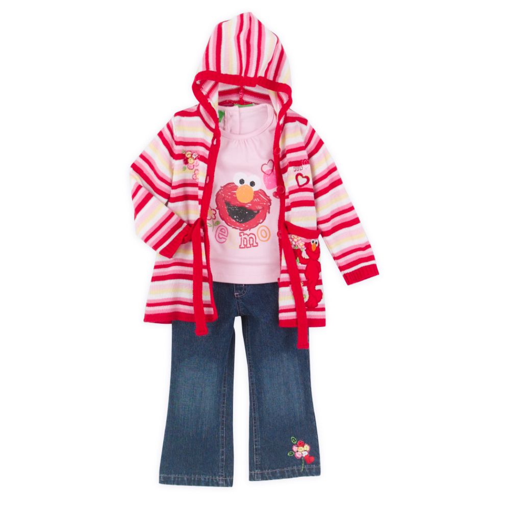 Sesame Street Infant Girl's Elmo 3 Piece Infant Striped Sweater and Denim Pant Set