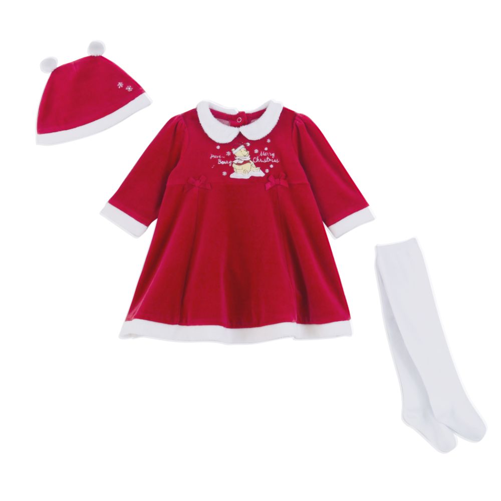 Disney Winnie The Pooh Infant Girl Holiday Velour Dress Set with Hat and Tights