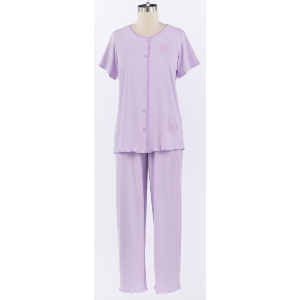 Classic Elements Short Sleeve 2-Piece PJ Solid With Embroidered Button Front