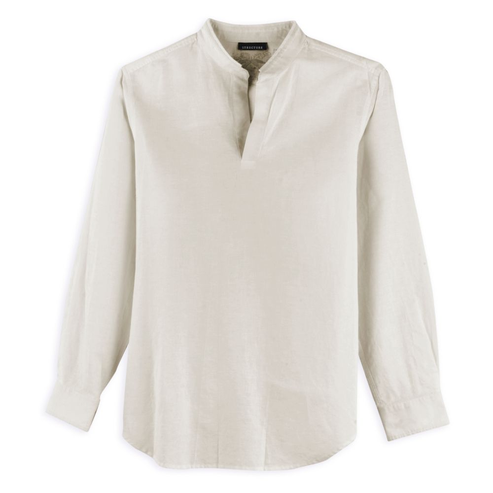 Structure Solid Linen Blend Popover With Banded Collar