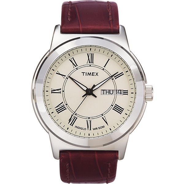 Mens Calendar Day Date Watch w/Round ST Case, Cream Dial & Brown