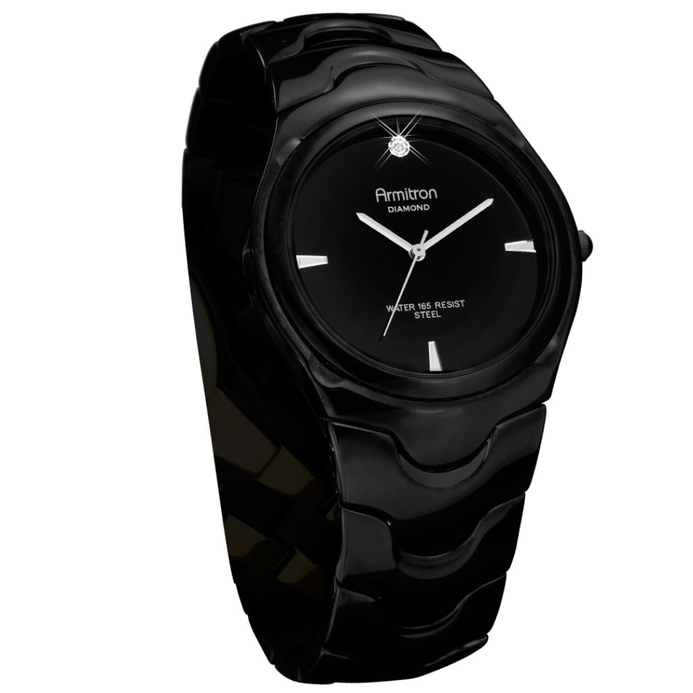 Armitron Mens Watch with Round Black Dial, Black Link Bracelet and Diamond Accent