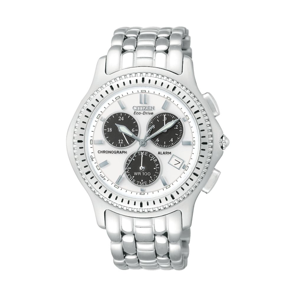 Citizen Mens Chronograph Eco-Drive Calendar Date Watch with White Dial & Link Band