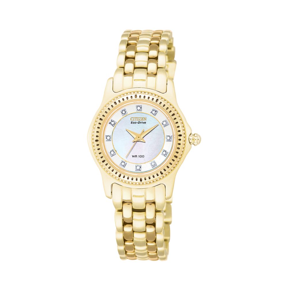 Citizen Ladies Diamond Accent Eco-Drive Watch with Mother-of-Pearl Dial & Goldtone Band