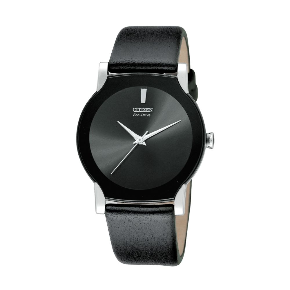 Citizen Mens Eco-Drive Watch with Round Black Dial and Black Leather Band