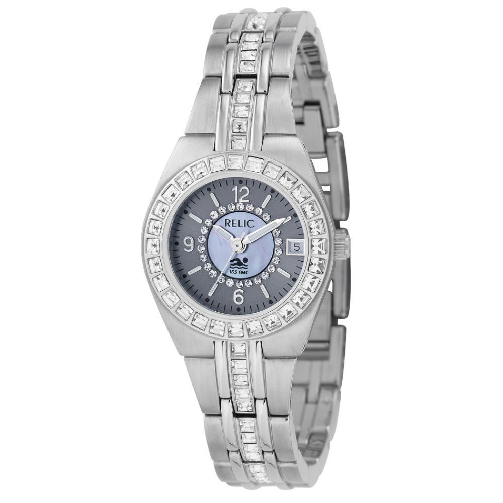 Relic Ladies Calendar Date Watch w/Crystal/Gray/Blue Mother-of-Pearl Dial & ST Band
