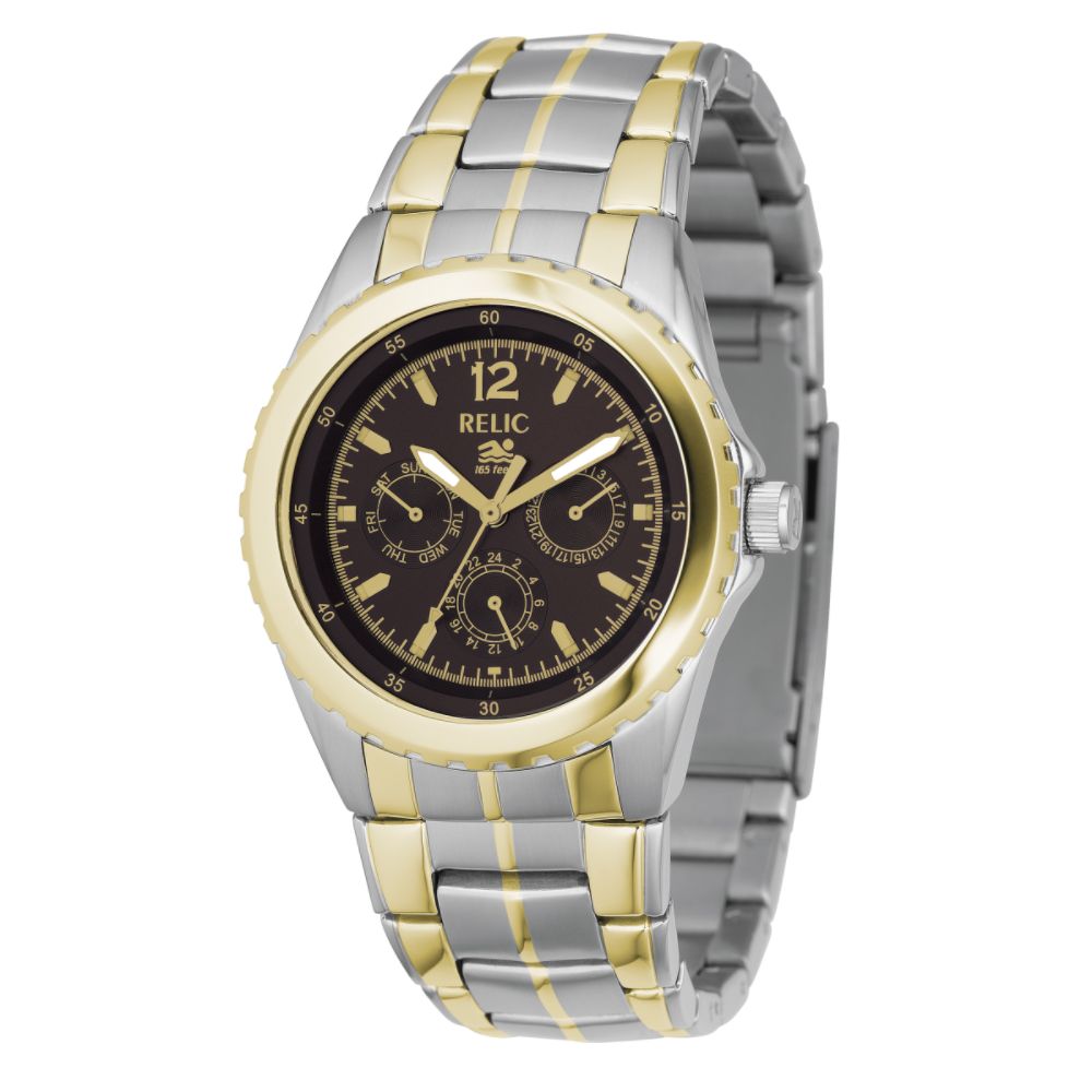 Relic Mens Dress Watch with Black Dial and Two-tone Link Band