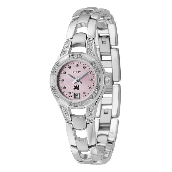 Relic Ladies Calendar Date Watch with Pink Dial, Swarovski Crystals &