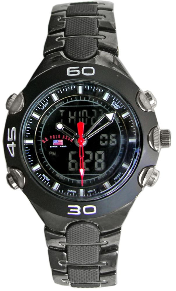 US Polo Assn. Mens Fashion Watch with Black Ana-Digi Dial & Leather Link Band. Silvertone