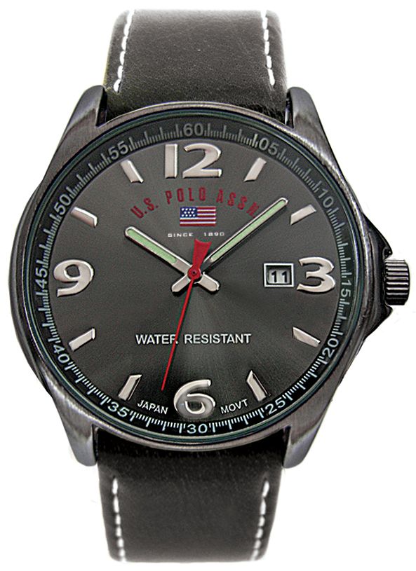 US Polo Assn. Mens Calendar Date Watch with Black Sunray Dial and Leather Band. Silvertone