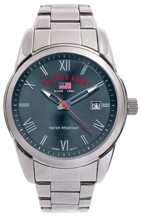 US Polo Assn. Mens Calendar Date Watch with Grey Sunray Dial and Link Band.