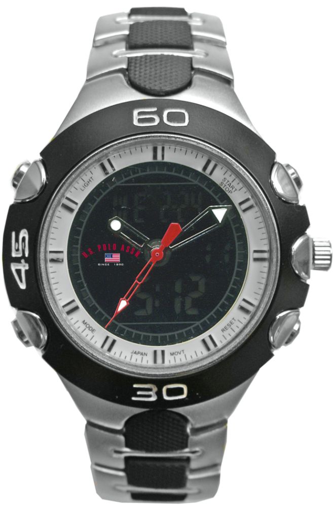 US Polo Assn. Mens Calendar Date Watch with Black Dial & Link Band. Goldtone and