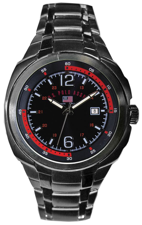 US Polo Assn. Mens Calendar Date Watch with Black/Red Sunray Dial & Link Band.
