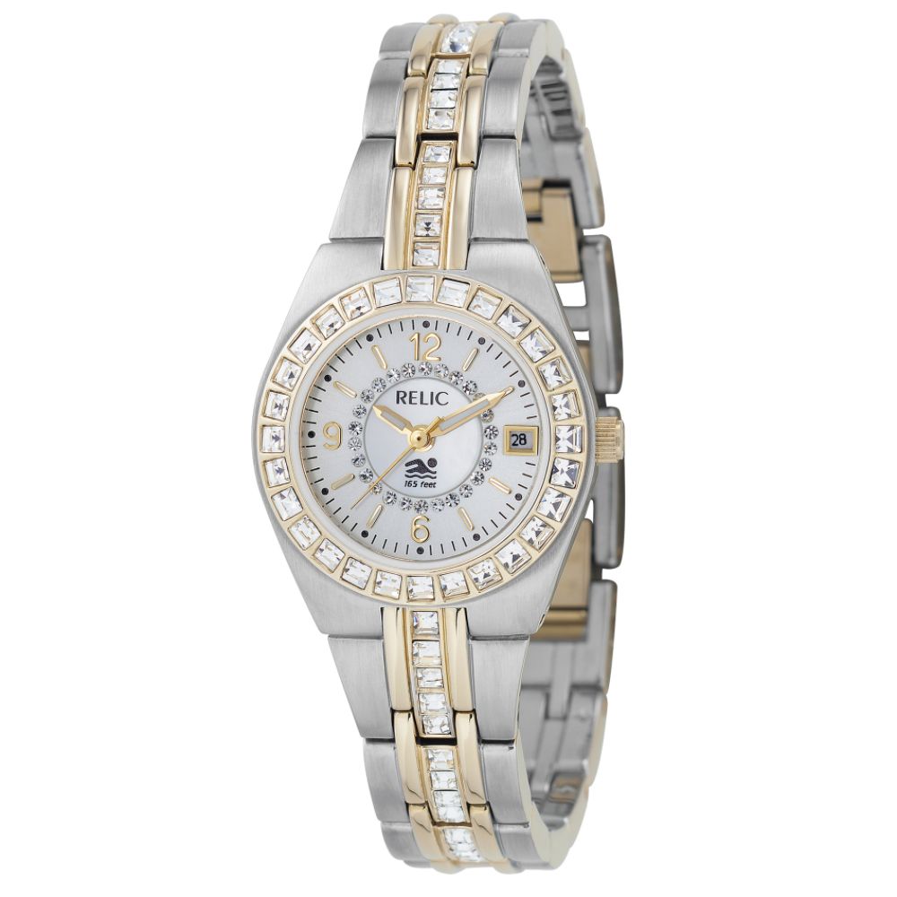Relic Ladies Calendar Date Watch w/Crystal White Mother-of-Pearl Dial & GT/ST Band