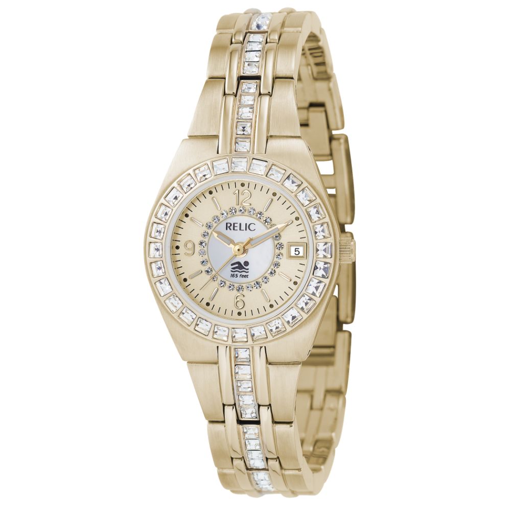 Relic Ladies Calendar Date Watch w/Crystal White Mother-of-Pearl Dial & GT Link Band