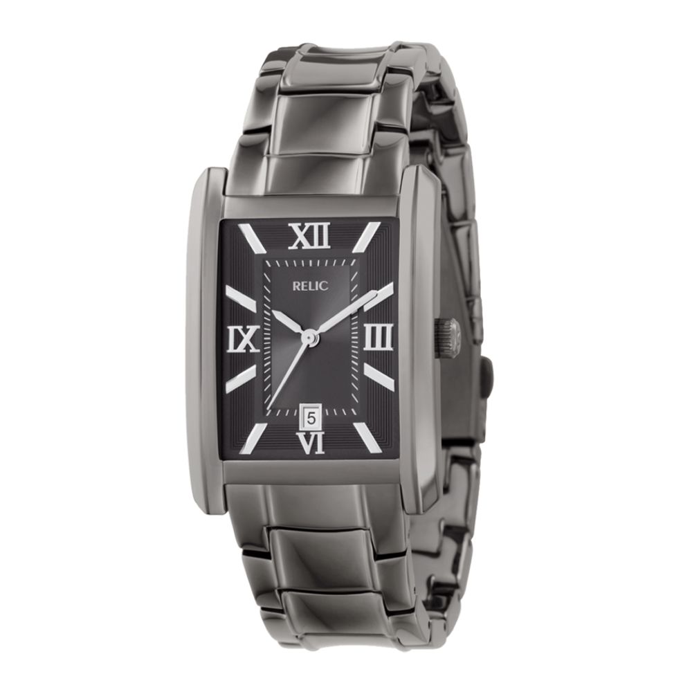Relic Mens Calendar Date Watch with Square Gunmetal Dial and Black Link Band