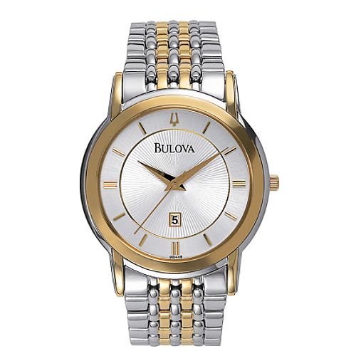 Men's Wrist Watches Bulova Men's Calendar Date Watch with Silver Dial & Link Band. Goldtone and Silvertone