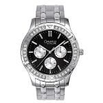 Caravelle Mens Calendar Day/Date Black Crystal Accent Watch with Link Band. Silvertone