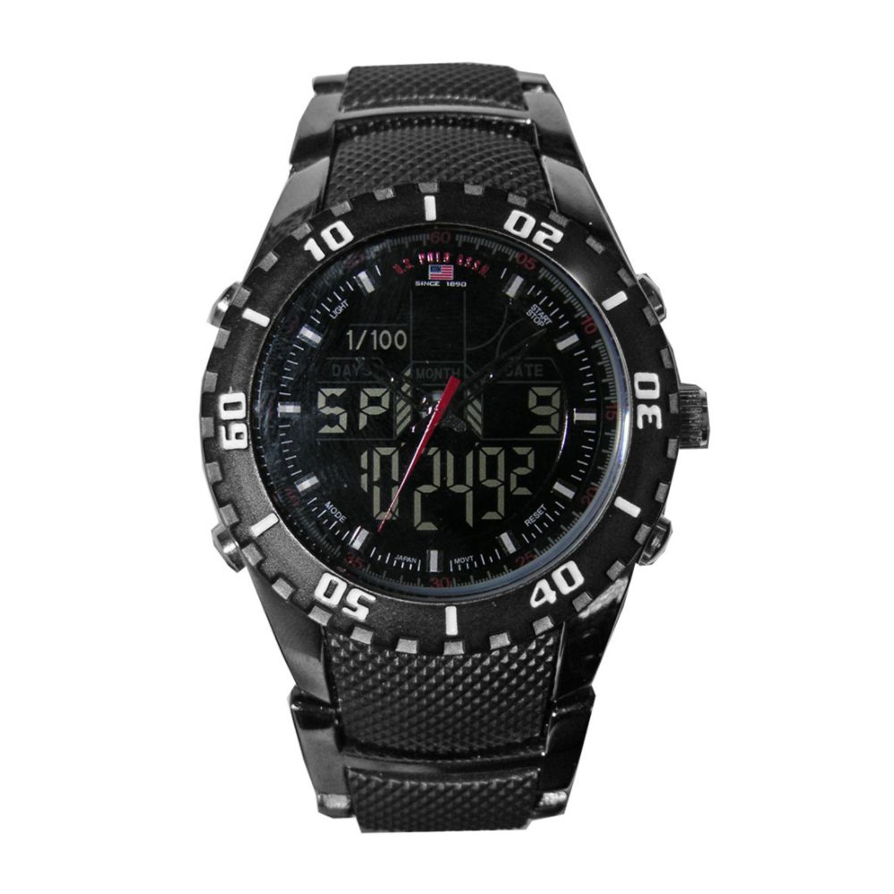 US Polo Assn. Mens Calendar Watch with Round Gunmetal Dial and Black Vinyl Band