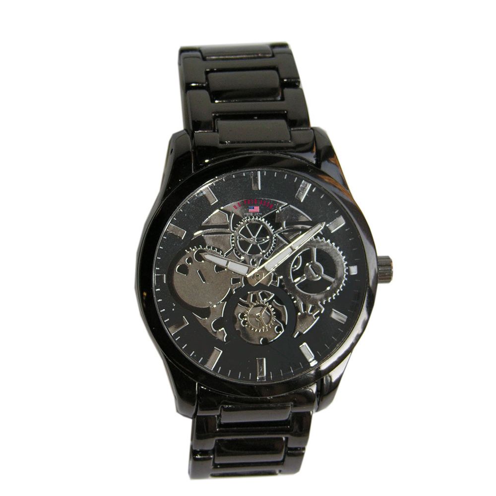 US Polo Assn. Mens Hi-Tech Watch with Silver Gear Dial and Black Metal Link Band