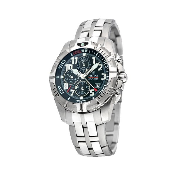 Festina Men's Chronograph Alarm Watch w/Round Black Dial & Silvertone Link Band
