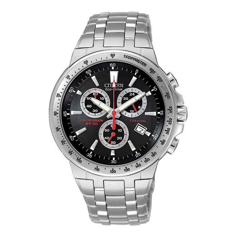 Citizen Mens Calendar Day/Date Watch with Round Black Dial and Titanium Link Band