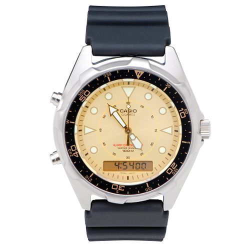 Casio Sport Analog Digital Calendar Day Date Watch w Goldtone Dial & Black Resin Band