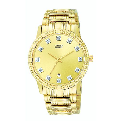Citizen Men's Calendar Date Watch w/Diamond Accent Champagne Dial & Goldtone Link Band