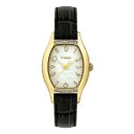 Timex Ladies Diamond Accent Toneau Watch w/Mother-of-Pearl Dial & Black Leather Band
