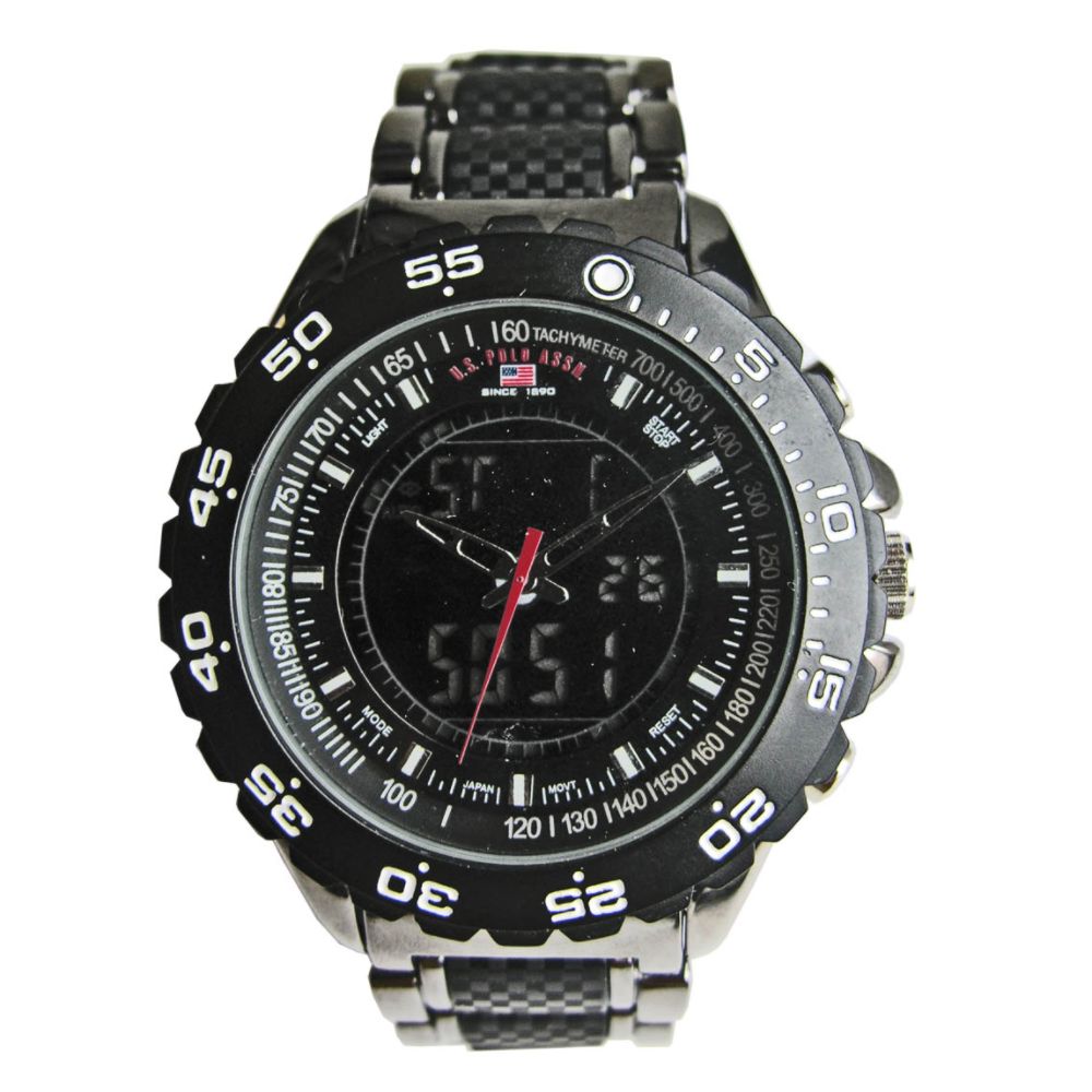 US Polo Assn. Mens Calendar Day/Date Watch with Round Black Dial and Black Band