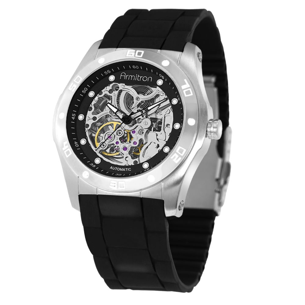 Armitron Mens Automatic Watch with Silver Dial and Black Resin Band