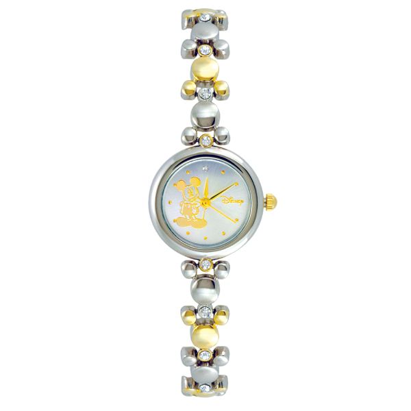 Disney Mickey Mouse Watch w/Round Dial & Silvertone & Goldtone Mickey