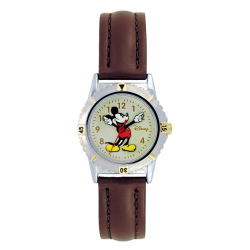 Disney Mickey Mouse Watch with GT & ST Case, White Dial and Brown Leather Band