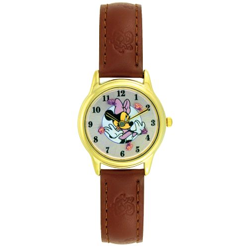 Disney Minnie Mouse Watch with Round Cream Dial and Brown Leather Band