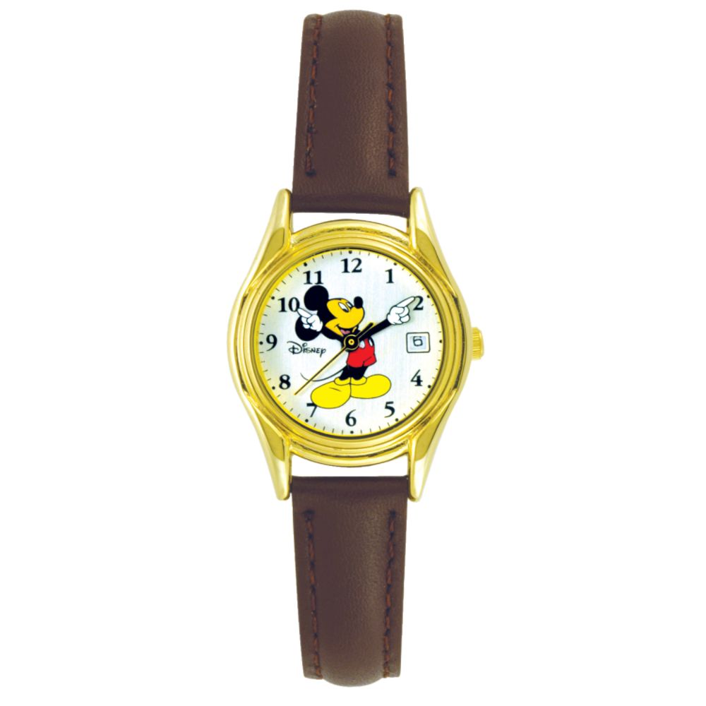 Disney Mickey Mouse Calendar Date Watch with Round White Dial and Brown Leather Band
