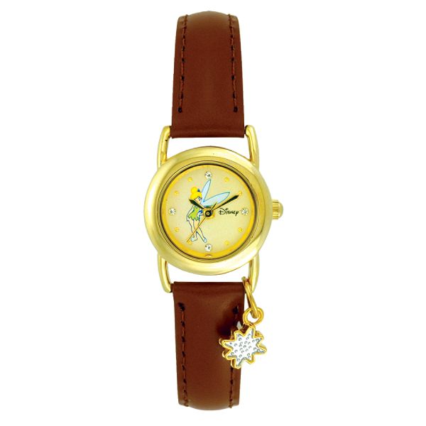 Disney Tinkerbell Watch w/Round Crystal Accent Dial, Brown Leather Band & Charm