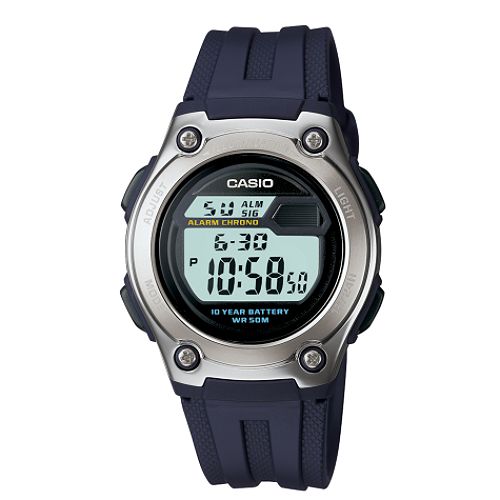 Casio Ladies Calendar Day Date Watch w Round ST Case, Digital Dial & Navy Resin Band